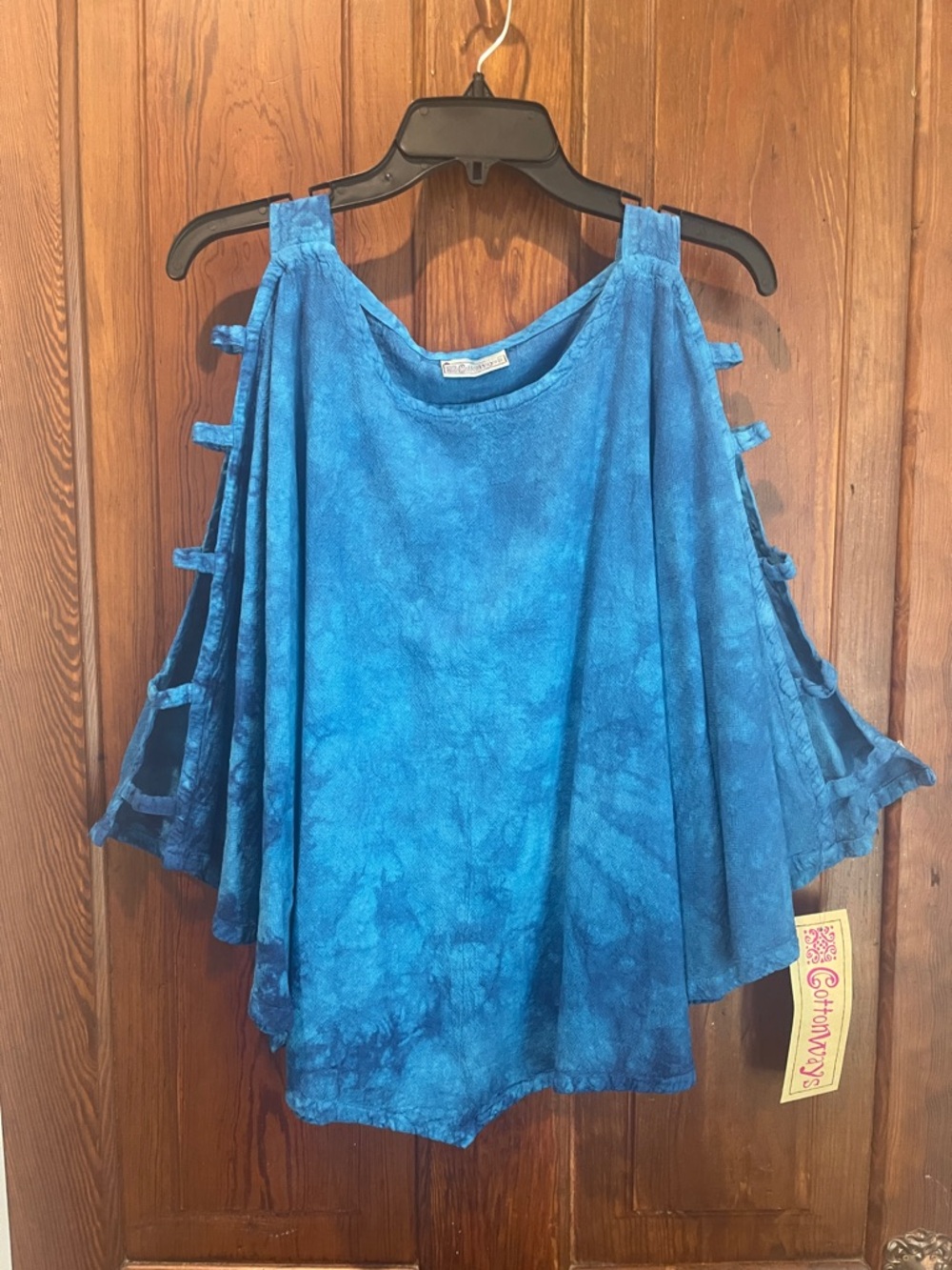 Blue Tie-Dye Cold-Shoulder Tunic Top by Cottonways